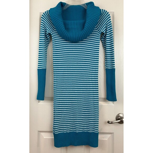 BCBG MAXAZRIA - Aqua & White Stripe Long Sleeve Cowl Neck Sweater Dress size XS - Picture 1 of 7